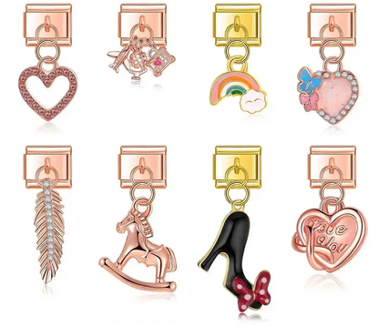Heart Rainbow cloud Charm Italian rose gold – rose gold and gold Italian charm set including open heart, travel charm cluster, rainbow and cloud, heart with butterflies, feather, rocking horse, high heel, and Love You heart charms, Italian charm bracelet charms by Charmtastic