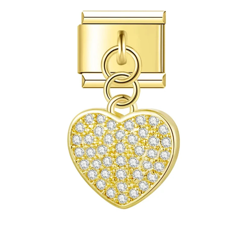 second view of Heart Shiny dangle charms – shiny pave heart charm in gold, Italian charm bracelet charm by Charmtastic
