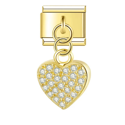 Heart Shiny dangle charms – shiny pave heart charm in gold, Italian charm bracelet charm by Charmtastic