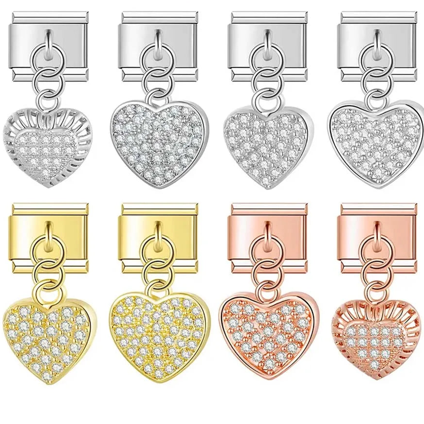 Heart Shiny dangle charms – overview of shiny pave heart charm in silver, gold and rose gold, Italian charm bracelet charms by Charmtastic