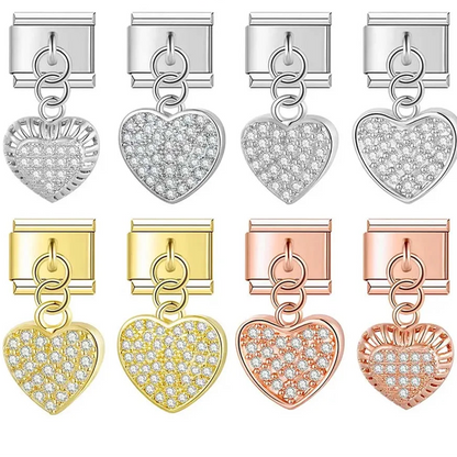 Heart Shiny dangle charms – overview of shiny pave heart charm in silver, gold and rose gold, Italian charm bracelet charms by Charmtastic