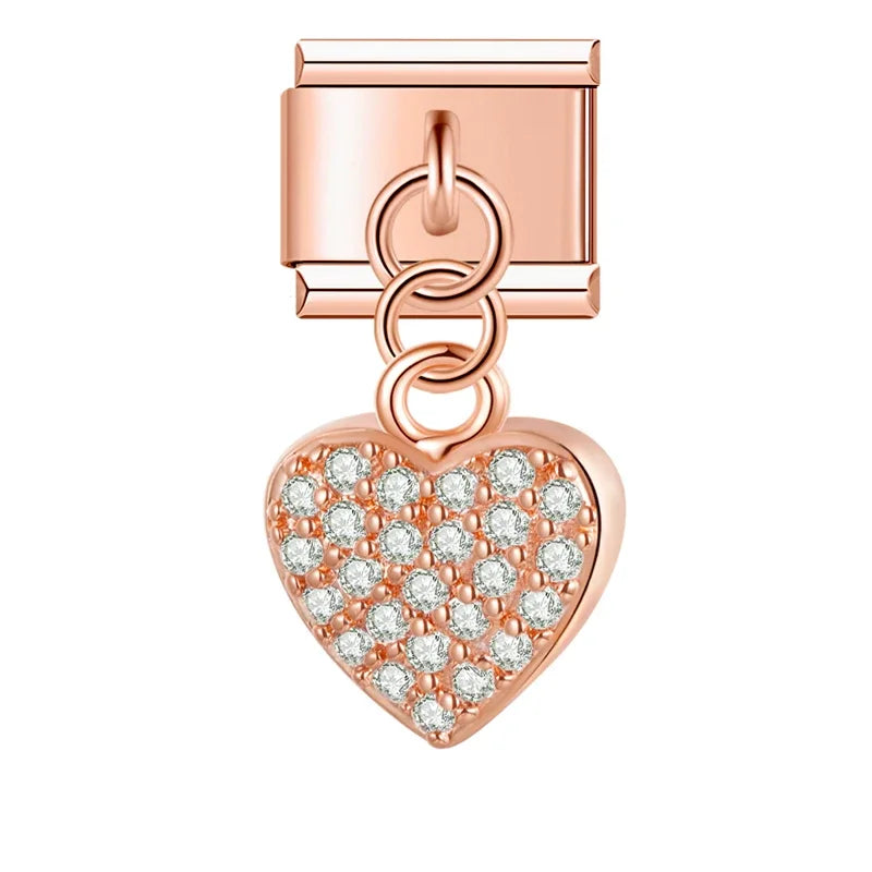 second view of Heart Shiny dangle charms – shiny pave heart charm in rose gold, Italian charm bracelet charm by Charmtastic