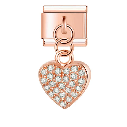 second view of Heart Shiny dangle charms – shiny pave heart charm in rose gold, Italian charm bracelet charm by Charmtastic
