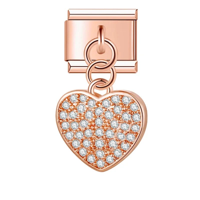 Heart Shiny dangle charms – shiny pave heart charm in rose gold, Italian charm bracelet charm by Charmtastic