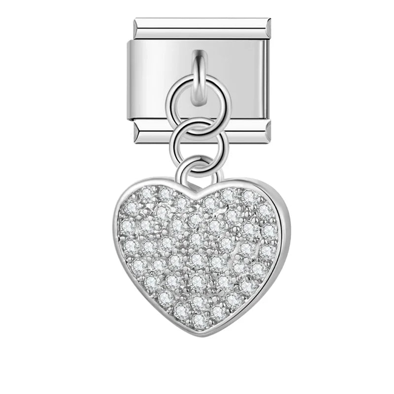 Heart Shiny dangle charms – shiny pave heart charm in silver, Italian charm bracelet charm by Charmtastic