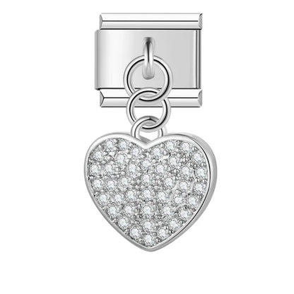 Heart Shiny dangle charms – shiny pave heart charm in silver, Italian charm bracelet charm by Charmtastic