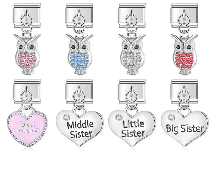Heart Sister Owl Shiny charms – silver owl and sister heart charm set including pink, blue, clear, and red crystal owls plus Best Friends, Middle Sister, Little Sister, and Big Sister heart charms, Italian charm bracelet charms by Charmtastic