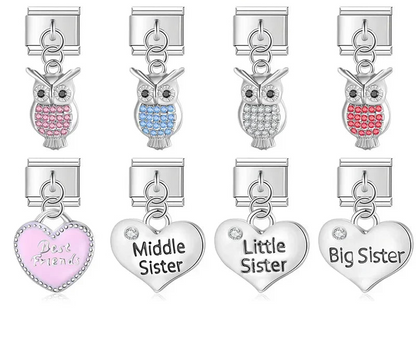 Heart Sister Owl Shiny charms – silver owl and sister heart charm set including pink, blue, clear, and red crystal owls plus Best Friends, Middle Sister, Little Sister, and Big Sister heart charms, Italian charm bracelet charms by Charmtastic