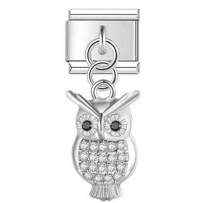 Heart Sister Owl Shiny charms – silver owl charm with clear crystal chest, Italian charm bracelet charm by Charmtastic
