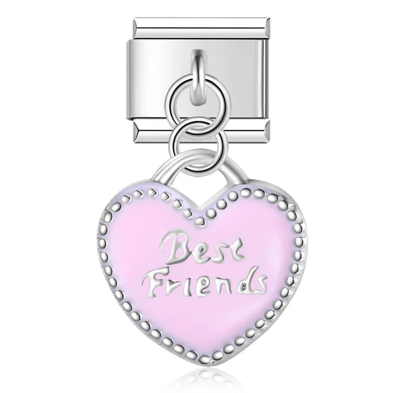 Best friends pink heart silver dangle Italian charm, by Charmtastic