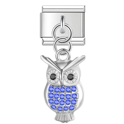 Blue crystal owl silver dangle Italian charm, by Charmtastic