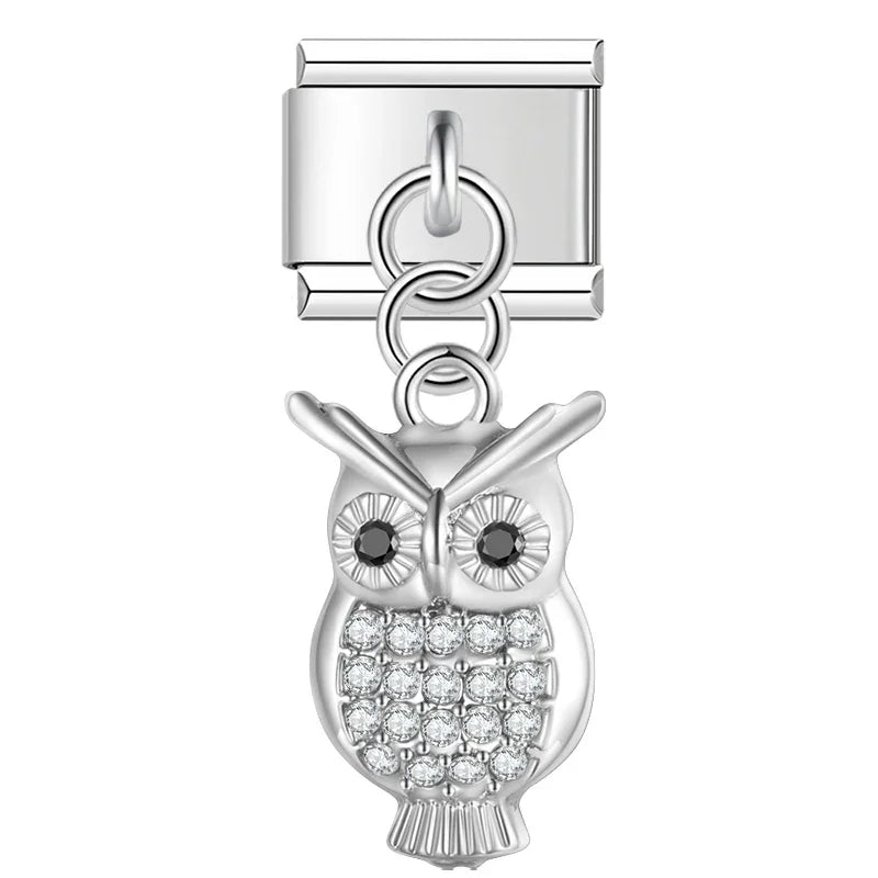 Clear crystal owl silver dangle Italian charm, by Charmtastic