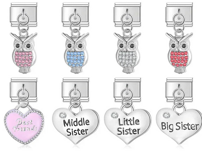 Owl, sister and best friends silver dangle Italian charms, by Charmtastic