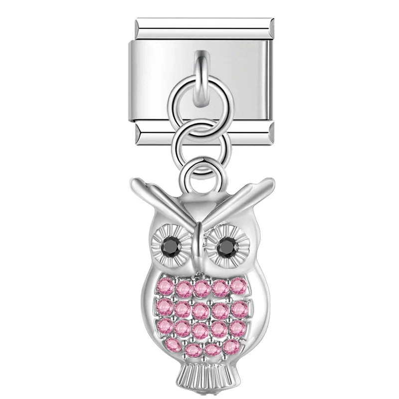 Pink crystal owl silver dangle Italian charm, by Charmtastic