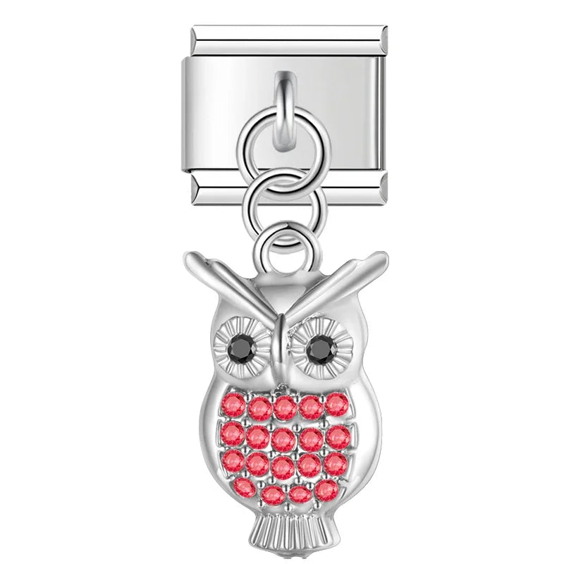 Red crystal owl silver dangle Italian charm, by Charmtastic