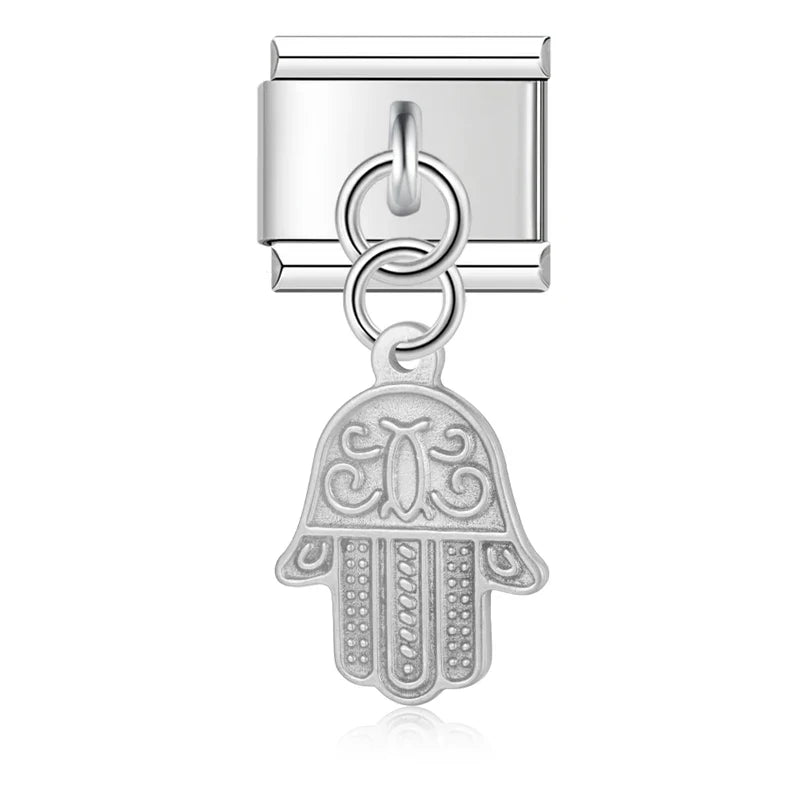 Heart Square Palm silver charms – hamsa hand charm with ornate scroll design in silver, Italian charm bracelet charm by Charmtastic