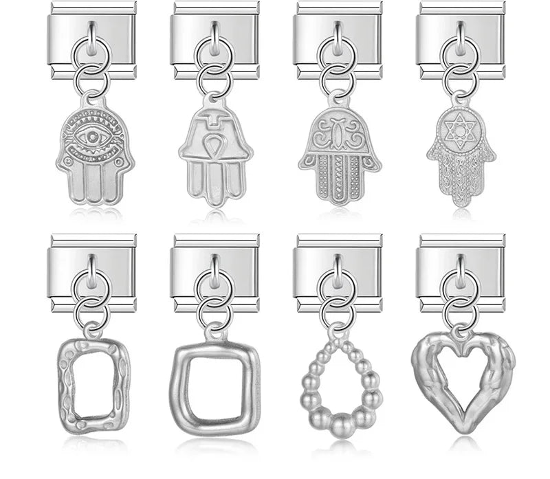 Heart Square Palm silver charms – hamsa hand, open square, and open heart dangle charms in silver, Italian charm bracelet charms by Charmtastic
