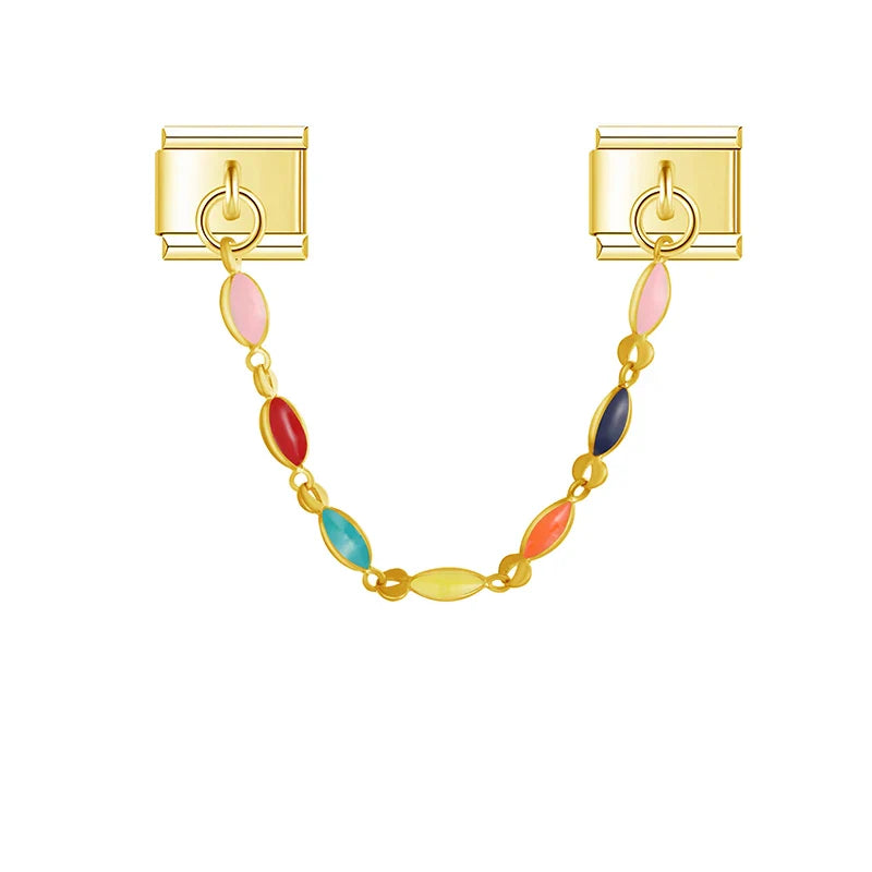 Gold safety chain link with colourful beads — Italian charm bracelet, by Charmtastic