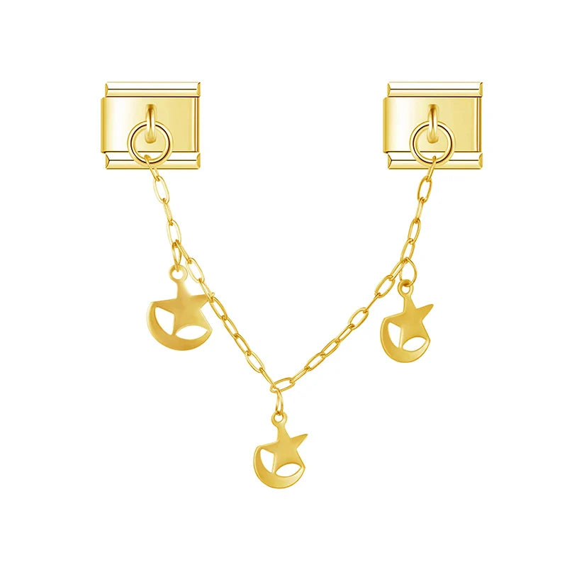 Gold crescent moon and star cutout safety chain link — Italian charm bracelet, by Charmtastic