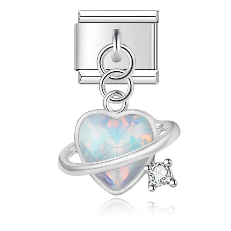 Heart Universe Italian Charms – heart-shaped universe charm with crystal ring in white opal, Italian charm bracelet charm by Charmtastic
