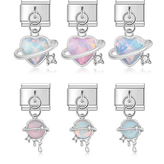 Heart Universe Italian Charms – heart and planet charms with crystal ring and cz accent in assorted colors, Italian charm bracelet charms by Charmtastic