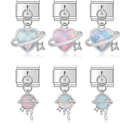 Heart Universe Italian Charms – heart and planet charms with crystal ring and cz accent in assorted colors, Italian charm bracelet charms by Charmtastic