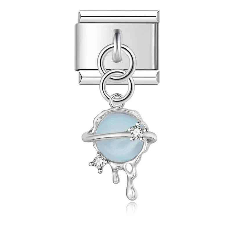 Heart Universe Italian Charms – planet universe charm with crystal ring in blue, Italian charm bracelet charm by Charmtastic