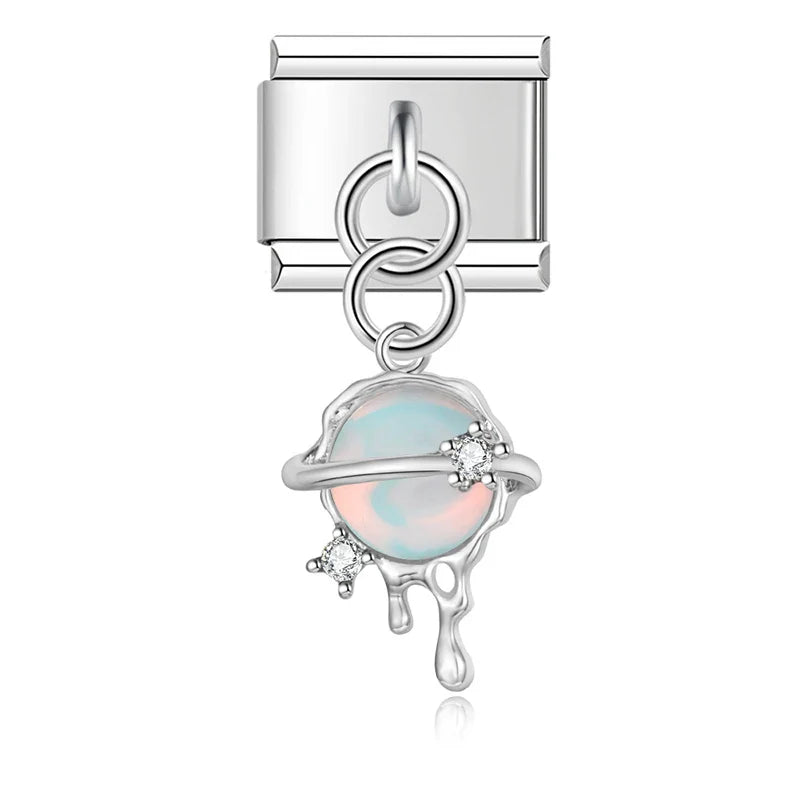 Heart Universe Italian Charms – planet universe charm with crystal ring in pink, Italian charm bracelet charm by Charmtastic