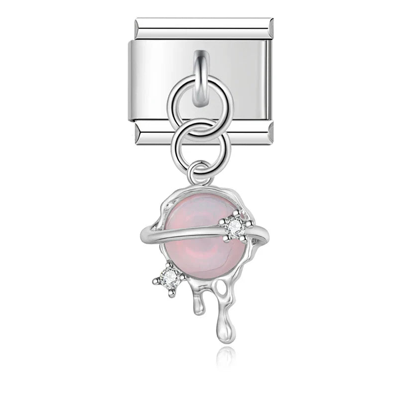 Heart Universe Italian Charms – planet universe charm with crystal ring in white opal, Italian charm bracelet charm by Charmtastic