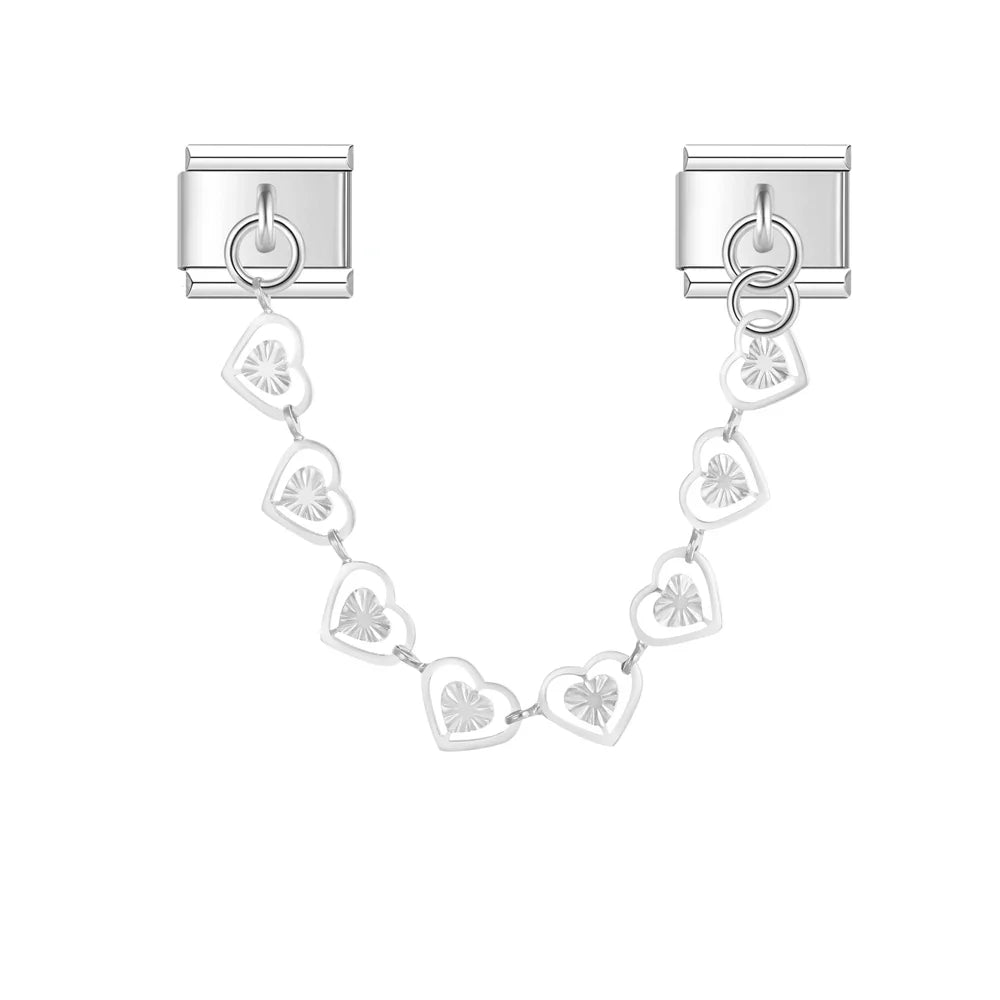 Silver puffed heart link safety chain — Italian charm bracelet, by Charmtastic