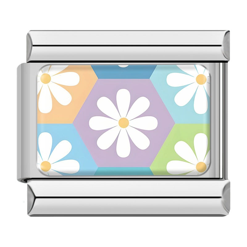 Pastel hexagon honeycomb daisies pattern Italian charm bracelet charm, by Charmtastic
