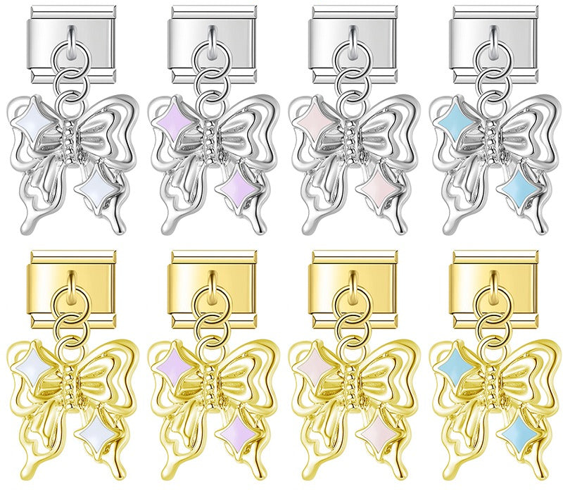 9mm Italian charm bracelet link with a tiered metallic bow-butterfly dangle in silver and gold finishes for personalized modular jewelry.