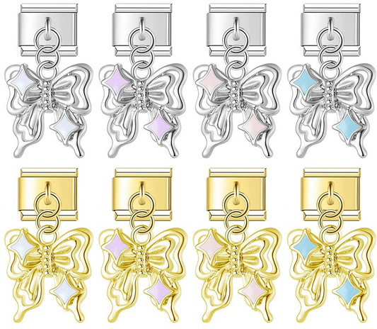 9mm Italian charm bracelet link with a tiered metallic bow-butterfly dangle in silver and gold finishes for personalized modular jewelry.