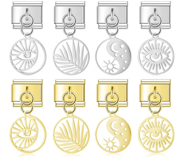 A collection of 9mm Italian charms featuring hollow round disc dangles. Designs include eyes, palm leaves, and celestial yin yang symbols. Available in polished silver and gold finishes.