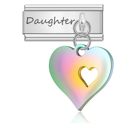 A 9mm silver Italian charm engraved with the word Mom or Daughter, featuring a trendy, iridescent holographic heart dangle with a smaller heart cutout.