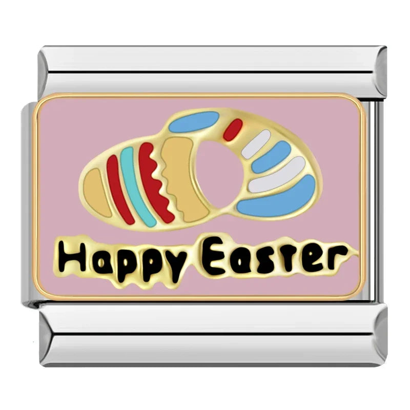 Hottie Boss Let's Party Goddess Travel Charms – Happy Easter word enamel charm with striped Easter egg on pink background, Italian charm bracelet charm by Charmtastic