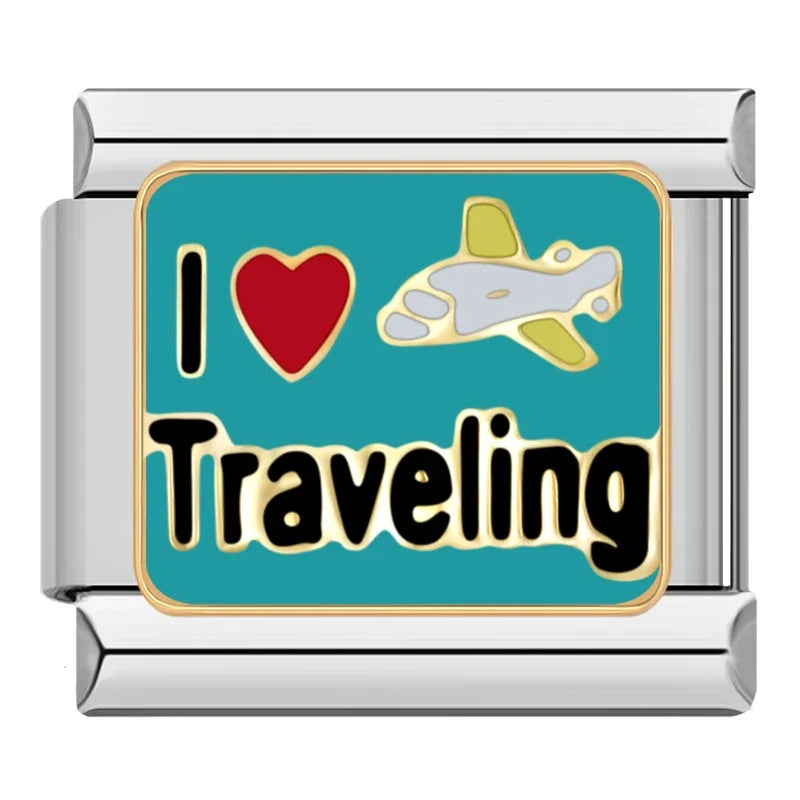 Hottie Boss Let's Party Goddess Travel Charms – I Love Traveling word enamel charm with red heart and airplane on teal background, Italian charm bracelet charm by Charmtastic