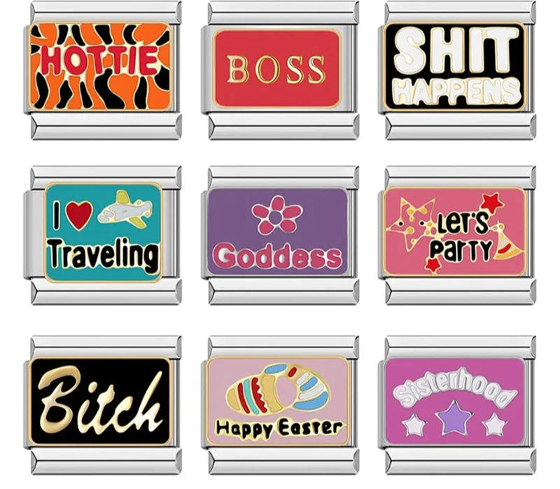 Hottie Boss Let's Party Goddess Travel Charms – overview of 9 word enamel charms: Hottie animal print, Boss, Shit Happens, I Love Traveling, Goddess flower, Let's Party, cursive word charm, Happy Easter, and Sisterhood stars, Italian charm bracelet charms by Charmtastic