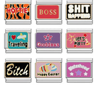 Bold Slogan Italian Charms — HOTTIE, BOSS, Goddess, Let's Party, I Love Traveling & More