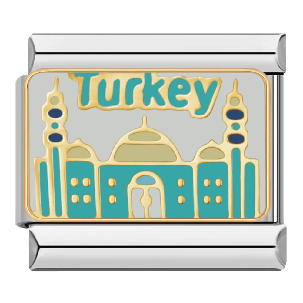 Hottie Boss Let's Party Goddess Travel Charms – Turkey word enamel charm with turquoise and gold mosque illustration, Italian charm bracelet charm by Charmtastic