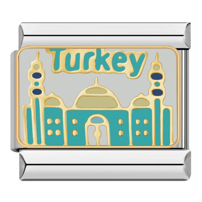 Hottie Boss Let's Party Goddess Travel Charms – Turkey word enamel charm with turquoise and gold mosque illustration, Italian charm bracelet charm by Charmtastic