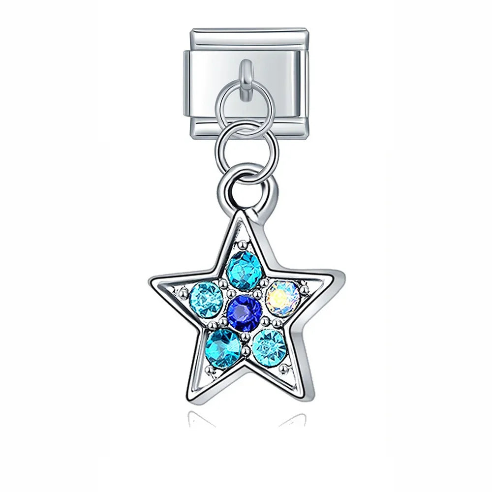Infinite Snowflake Motorcycle Star – star charm with blue cz crystals in silver, Italian charm bracelet charm by Charmtastic