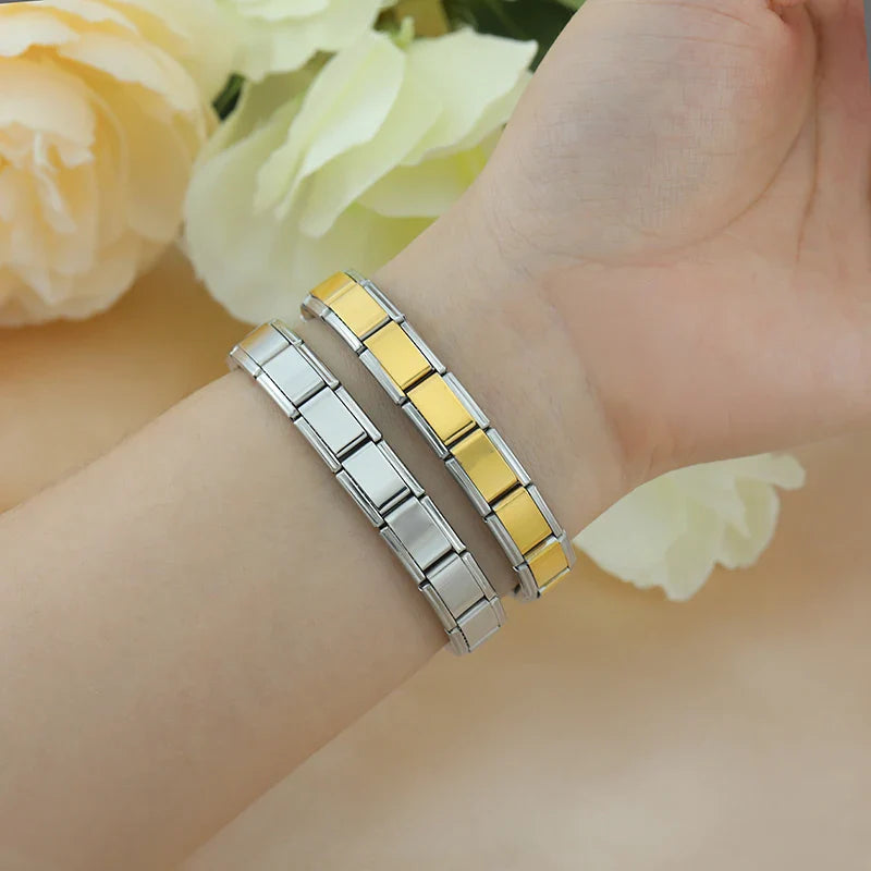 italian charms bracelets silver gold rose gold – silver and gold Italian charm bracelets worn on wrist with flowers, by Charmtastic