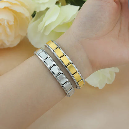 italian charms bracelets silver gold rose gold – silver and gold Italian charm bracelets worn on wrist with flowers, by Charmtastic
