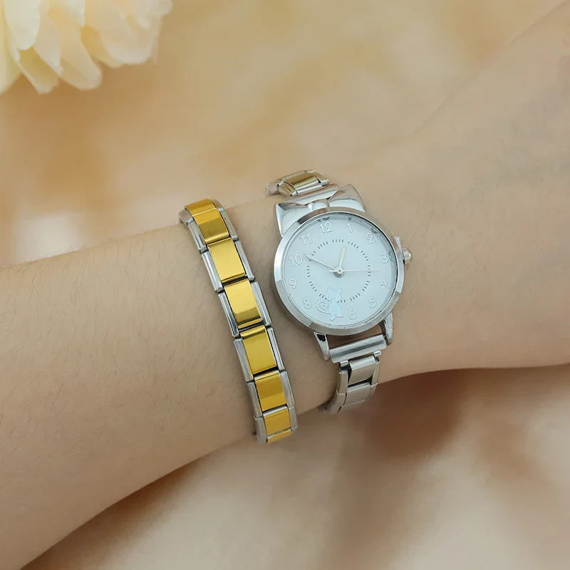 italian charms bracelets silver gold rose gold – gold Italian charm bracelet worn with watch on wrist, by Charmtastic