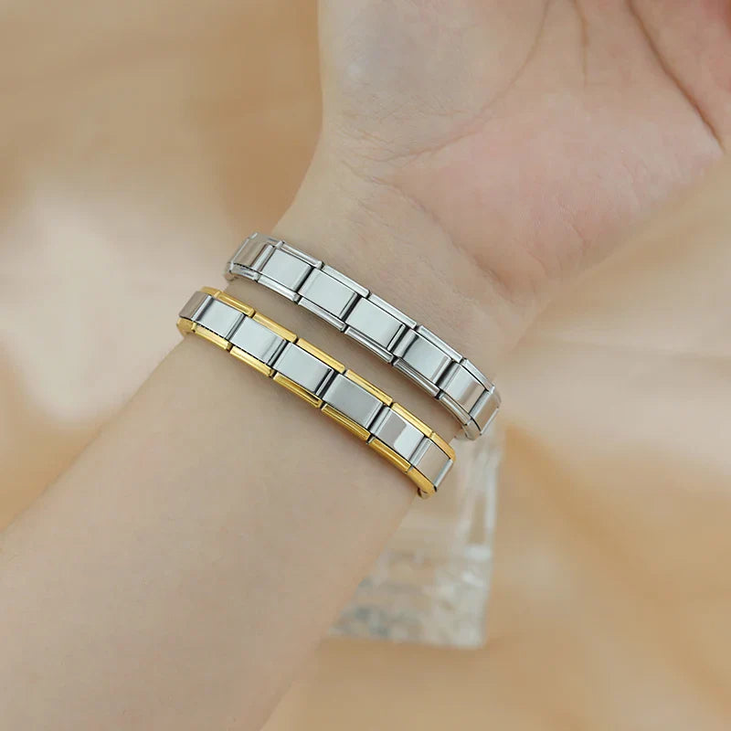 italian charms bracelets silver gold rose gold – silver and gold Italian charm bracelets worn on wrist, by Charmtastic