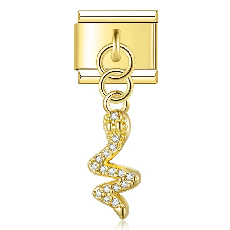 Gold serpent CZ pave dangle Italian charm, by Charmtastic