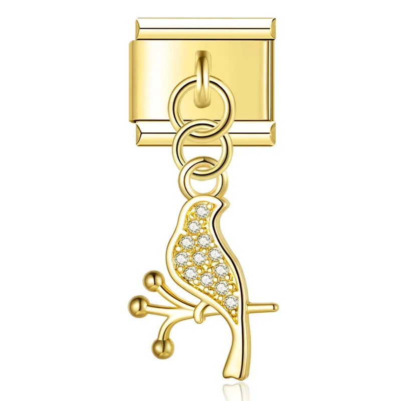 Gold woodpecker CZ pave dangle Italian charm, by Charmtastic