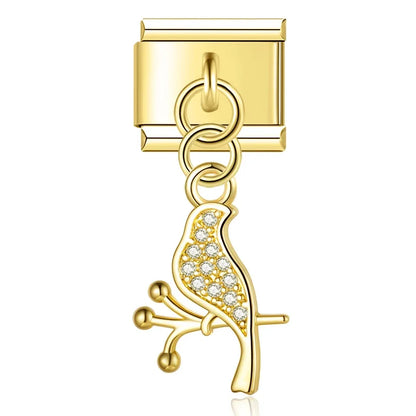 Gold woodpecker CZ pave dangle Italian charm, by Charmtastic
