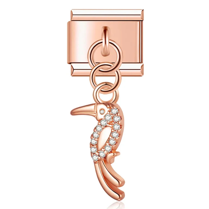 Rose gold heron CZ pave dangle Italian charm, by Charmtastic